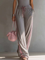 Gray And Pink Lace Trim Tank Top And Wide Leg Pants Set