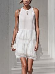 White Sleeveless Lace Pleated Tiered Mini Dress