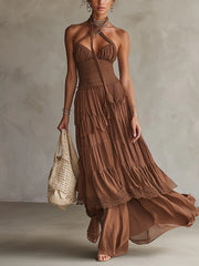 Rust Layered Chiffon Lace Maxi Dress