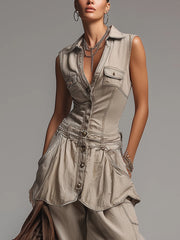 Beige Cotton Sleeveless Washed Denim Long Vest
