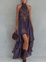 Lavender Purple Chiffon Maxi Dress Vintage Baroque Embroidered
