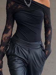 Black Knitted Off-shoulder Long-sleeved T-shirt With Lace Trim