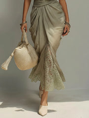 Green Asymmetric Scarf Collar Chiffon Lace Maxi Dress