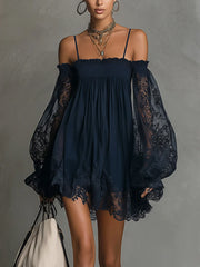 Navy Off-Shoulder Lace Trim Chiffon Mini Dress With Sheer Sleeves