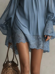 Blue Off-Shoulder Lace Trim Long Sleeve Mini Dress