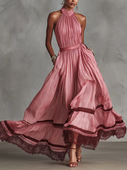 Pink Pleated Halter Neck Lace Trim Maxi Dress