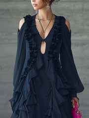 Navy Chiffon Cold Shoulder Ruffle Mini Dress