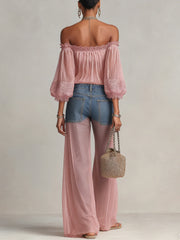 Pink Off-Shoulder Pleated Chiffon Blouse With Lace Trim