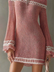 Pink Knit Mini Dress With White Trim