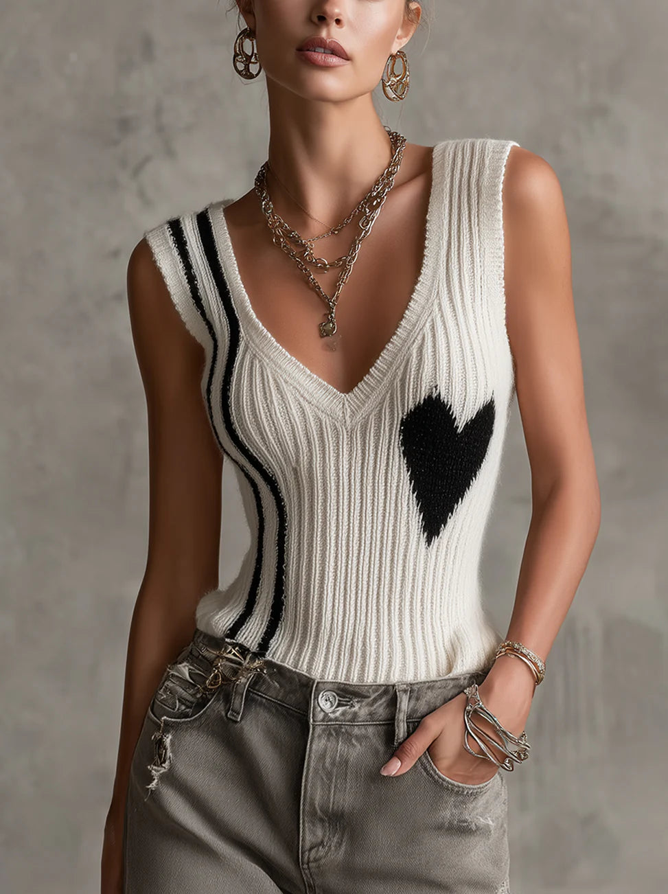White Ribbed Knit Sleeveless Heart Pattern V-Neck Vest