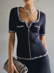 Navy Knit Zip Front Mini Dress With White Trim