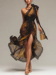 Black Chiffon Print Lace Maxi Dress