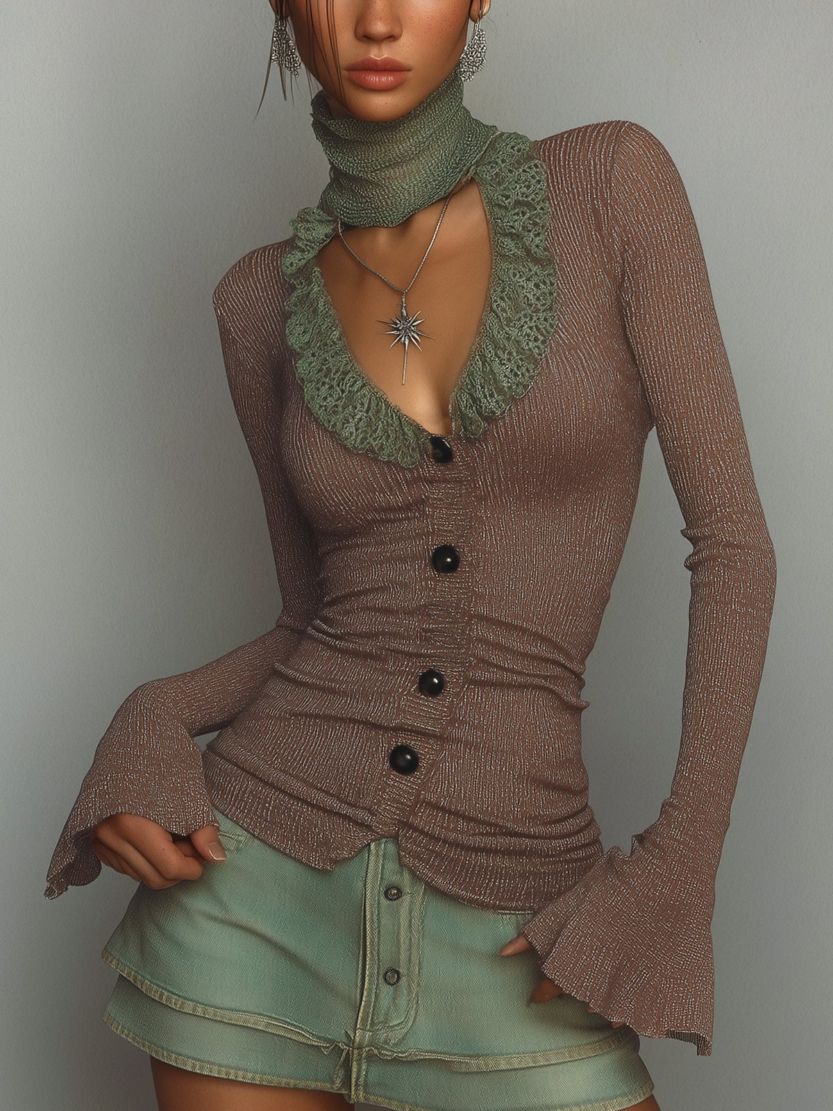 Blush Sheer Lace Trim Knit Top