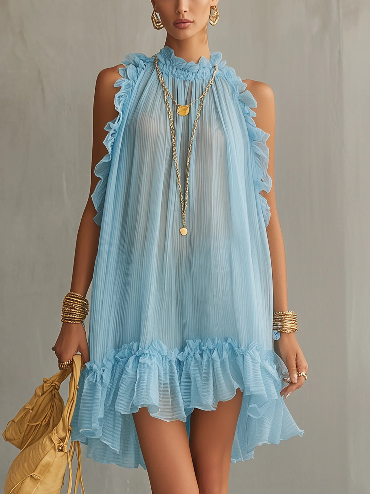Light Blue Sleeveless Ruffled Pleated Chiffon Mini Dress