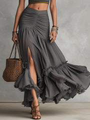Gray T-shirt And Ruched High-Slit Layered Ruffle Maxi Skirt Set