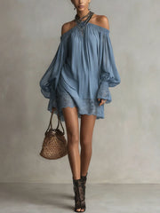 Blue Off-Shoulder Lace Trim Long Sleeve Mini Dress