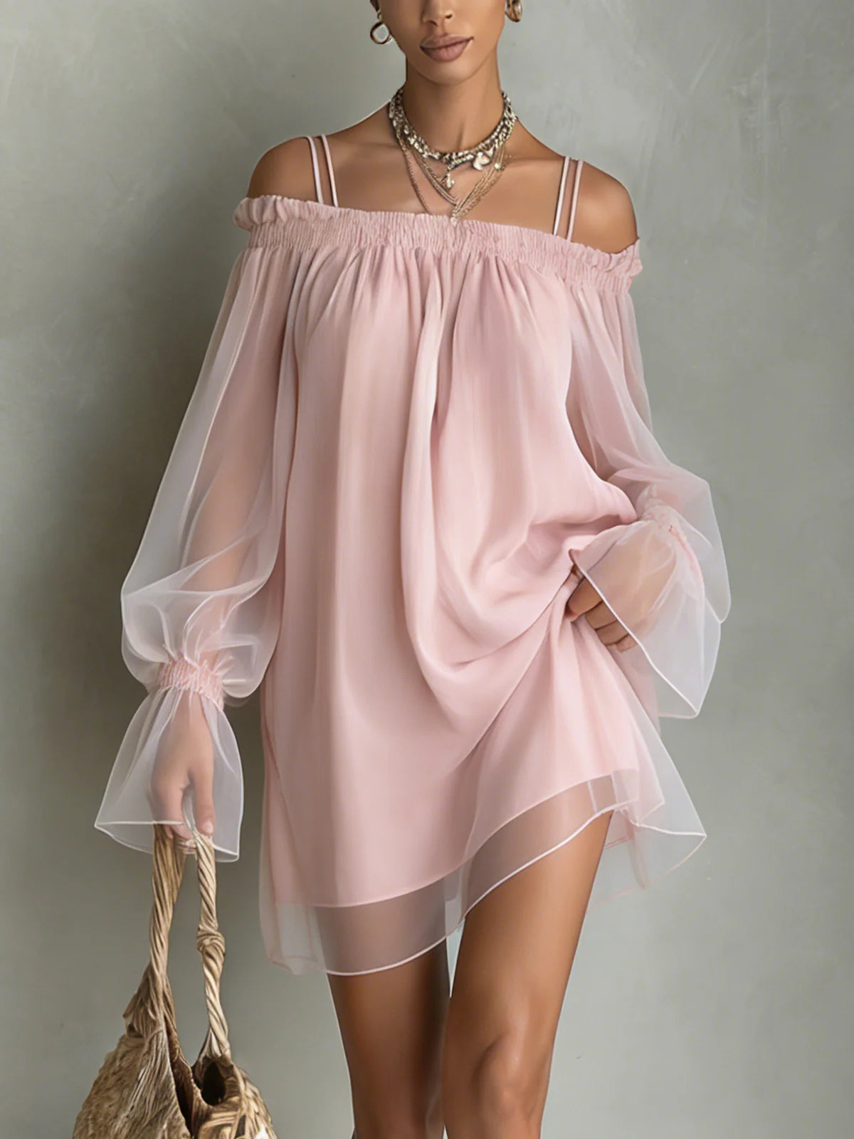 Pink Off-Shoulder Sheer Long Sleeve Mini Dress
