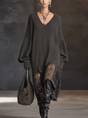 24-Hour-Shipping Charcoal Gray V-Neck Knit Mesh Long Sleeve Midi Dress