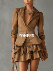 24-Hour-Shipping Vintage Brown Washed Cotton Ruffle Lapel Midi Sleeve Mini Dress