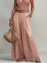 Pink Pleated Lace Hem Maxi Skirt & Deep V-Neck Sleeveless Top Set