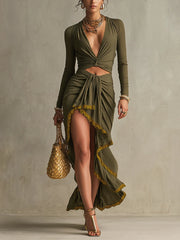 Olive Green Plunge Neck Cutout Bodycon Dress