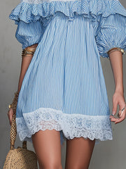 Blue Striped Off-Shoulder Ruffle Lace Trim Mini Dress