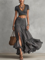 Gray T-shirt And Ruched High-Slit Layered Ruffle Maxi Skirt Set