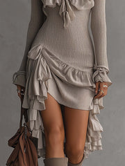 Light Gray Knit Cold Shoulder Ruffle Patchwork Mini Dress