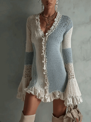 Sky Blue And White Ruffled Patchwork Knit Mini Dress