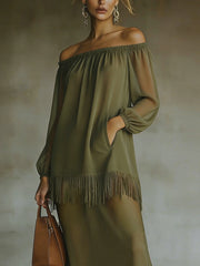 Olive Off-Shoulder Fringe Detail Maxi Two-Piece Set