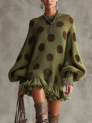 Green Polka Dot Oversized Knit Sweater Dress With Ruffled Hem