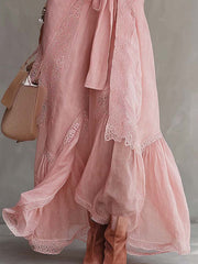 Pink Cotton Linen Patchwork Lace Trim V-Neck Sleeveless Maxi Dress