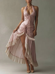 Pink Deep V-Neck Ruched Lace Trim Dress