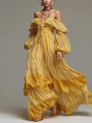 Yellow Striped Off Shoulder Chiffon Maxi Dress