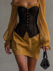 Gold And Black One Shoulder Patchwork Mini Dress