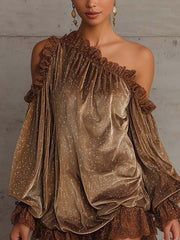 One Shoulder Brown Velvet Mini Dress With Silver Polka Dots
