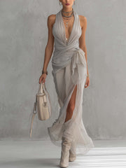 Light Gray Chiffon Pleated Lace Trim Maxi Dress