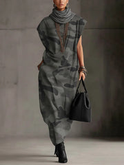 Gray Camo Sleeveless Turtleneck Maxi Dress