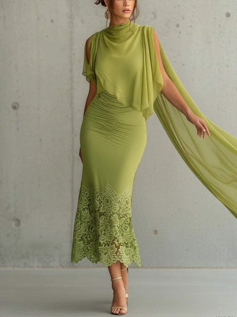 Green Flowing Chiffon Fishtail Lace Bodycon Dress