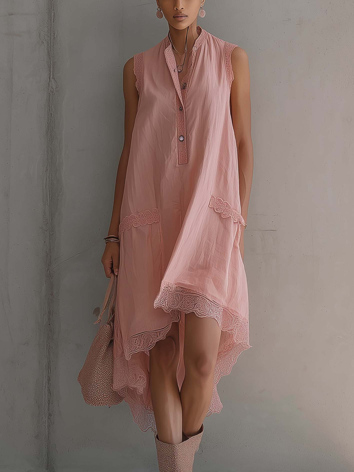 Pink Sleeveless Chiffon Midi Dress With Lace Trim