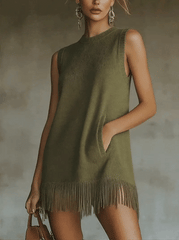 Olive Green Sleeveless Knit Mini Dress With Fringe Hem