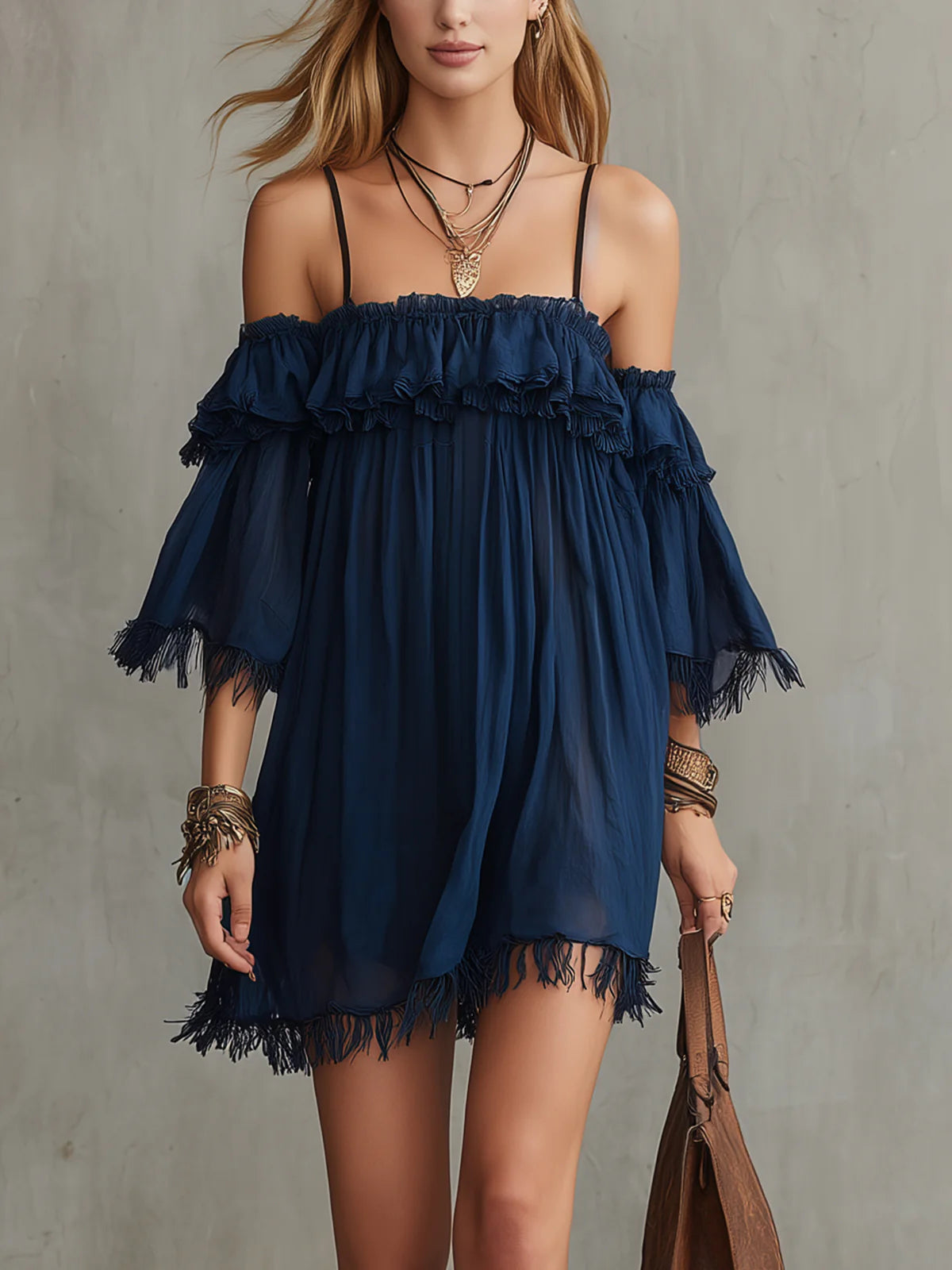 Navy Off-Shoulder Ruffle Trim Mini Dress