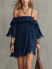 Navy Off-Shoulder Ruffle Trim Mini Dress