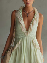 Light Green Chiffon Mini Dress With Pink Lace Ruffle Trim