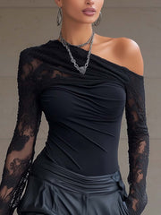 Black Knitted Off-shoulder Long-sleeved T-shirt With Lace Trim