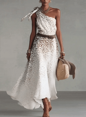 One-Shoulder Animal Print Belted Flowy Maxi Dress