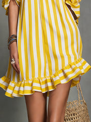 Yellow Striped Off-Shoulder Puff Sleeve Ruffle Hem Mini Dress