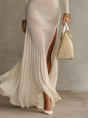 Cream Sheer Knit Cutout Maxi Dress