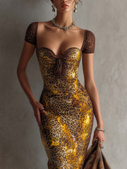 Yellow Leopard Print Bodycon Dress With Brown Lace Sleeves