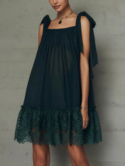Dark Green Bow Strap Lace Hem Mini Dress
